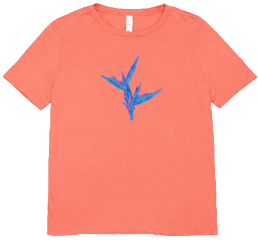 Coral T-shirt mockup with a blue botanical graphic