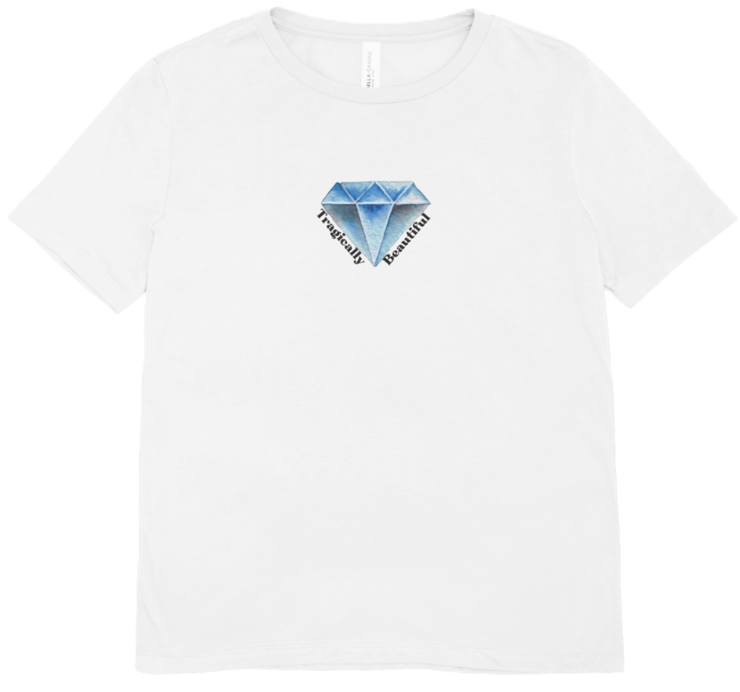 White T-shirt mockup with a blue diamond graphic