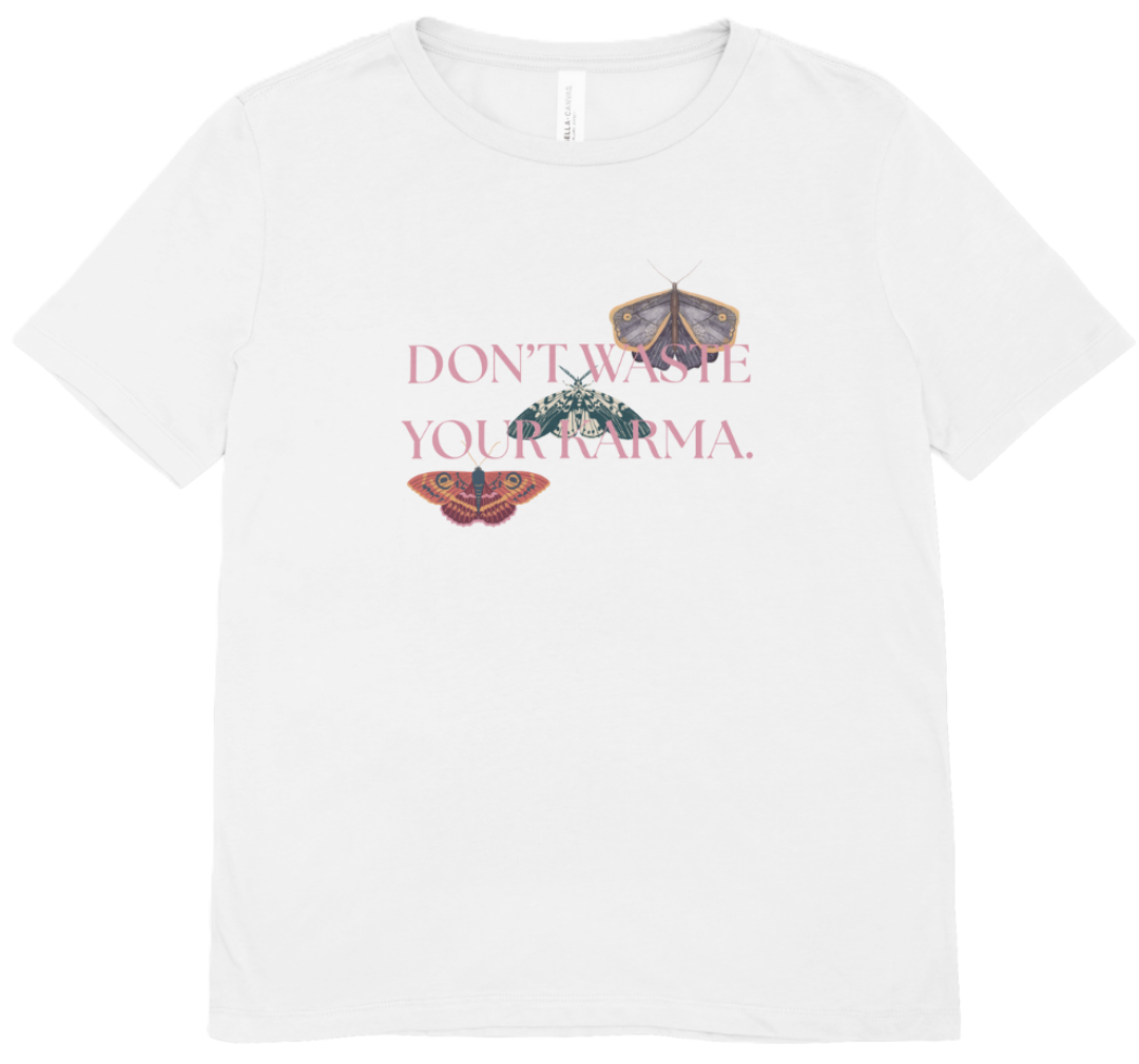 White T-shirt mockup with a moth-and-type graphic