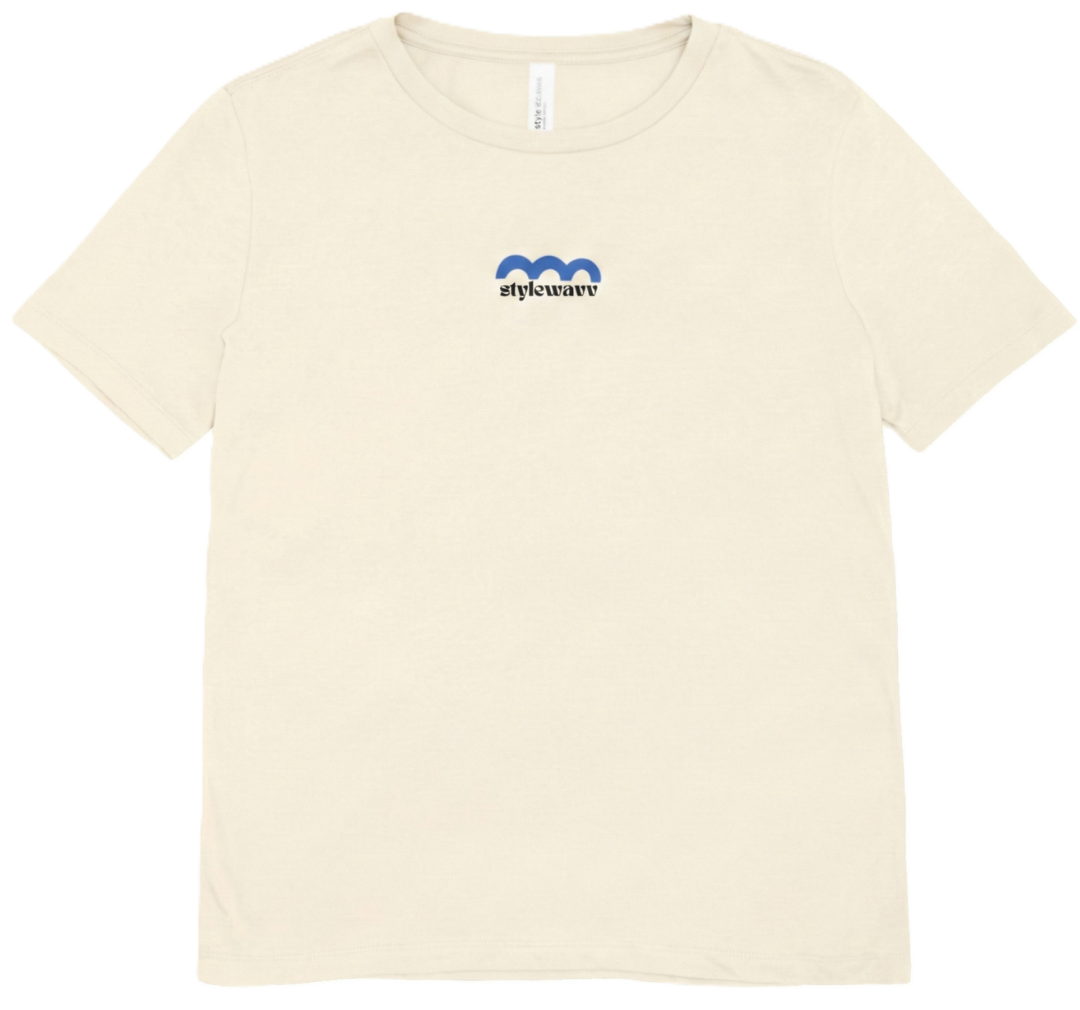 Cream T-shirt mockup with a small Stylewavv chest logo